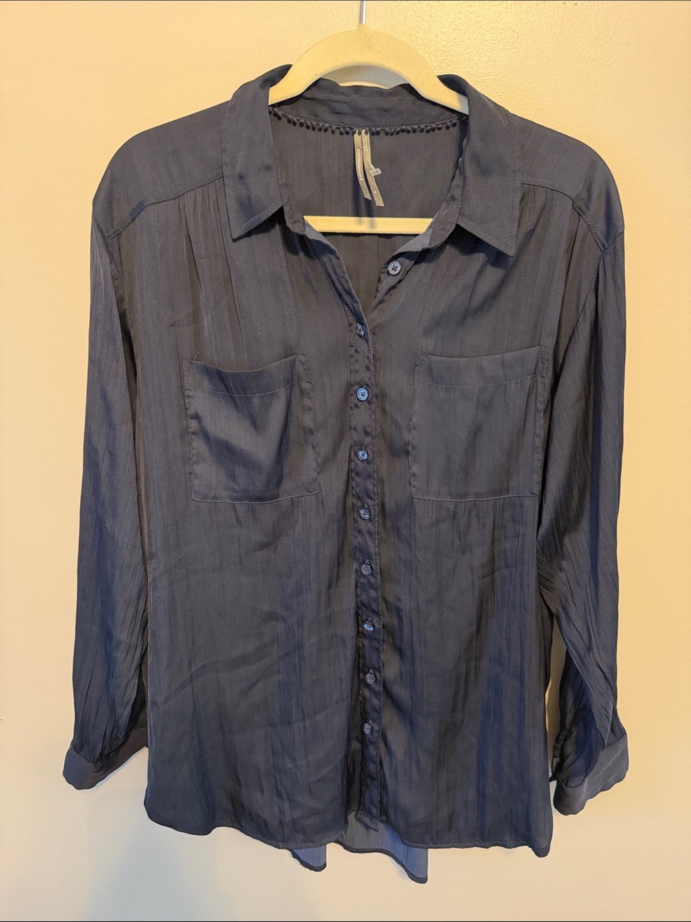Anthropologie Navy Satin Button-Down Shirt